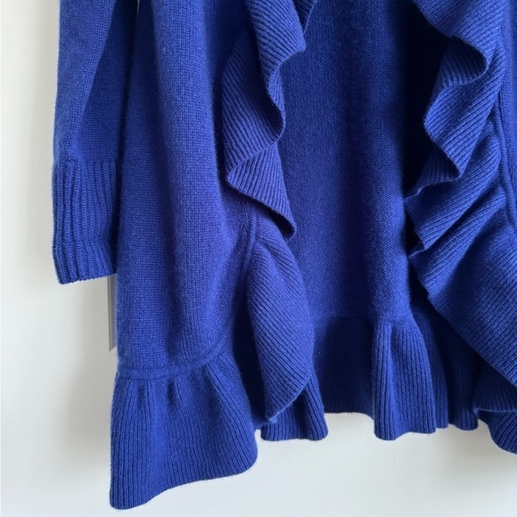 Kinross Cashmere Royal Blue Longline Open Front Cardigan Sweater Ruffle Trim L - Picture 4 of 6